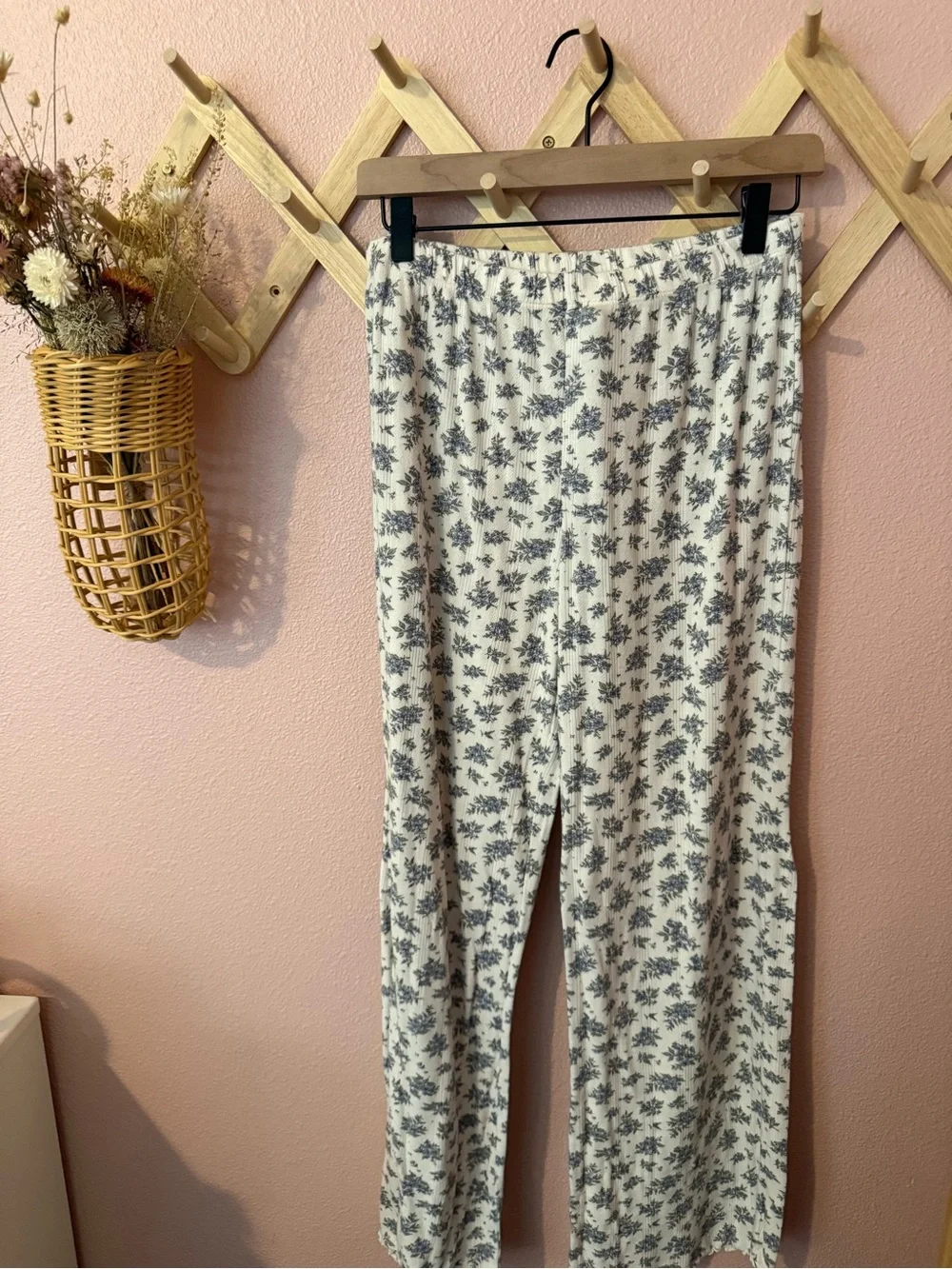 Posh Peanut Bamboo Cotton Pointelle Blue Floral Wide-Leg Pull-On Pants